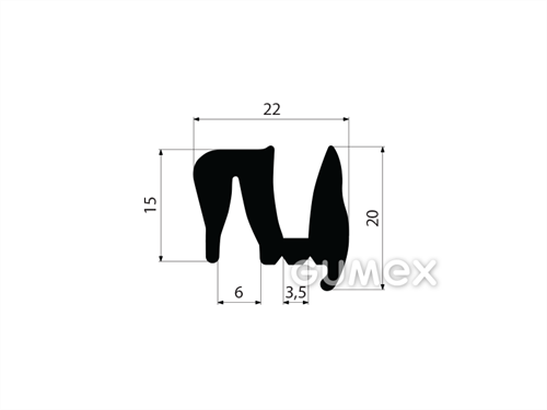 Gumový profil do okien dopravných prostriedkov bez klinku, 20x22/6/3,5mm, 70°ShA, EPDM, -40°C/+100°C, čierny